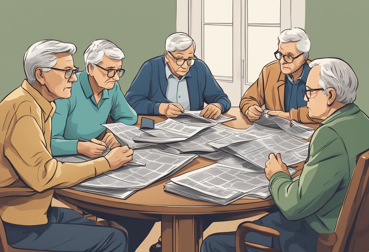 A group of seniors gathered around a table, looking hesitant as they listen to a presenter discussing affiliate marketing strategies. Newspapers and reading glasses are scattered across the table, indicating their age