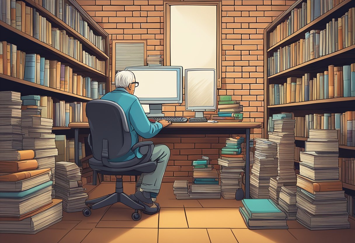 Elderly person sitting at computer, surrounded by books and resources. Barrier symbolized by a brick wall with "Affiliate Marketing" written on it