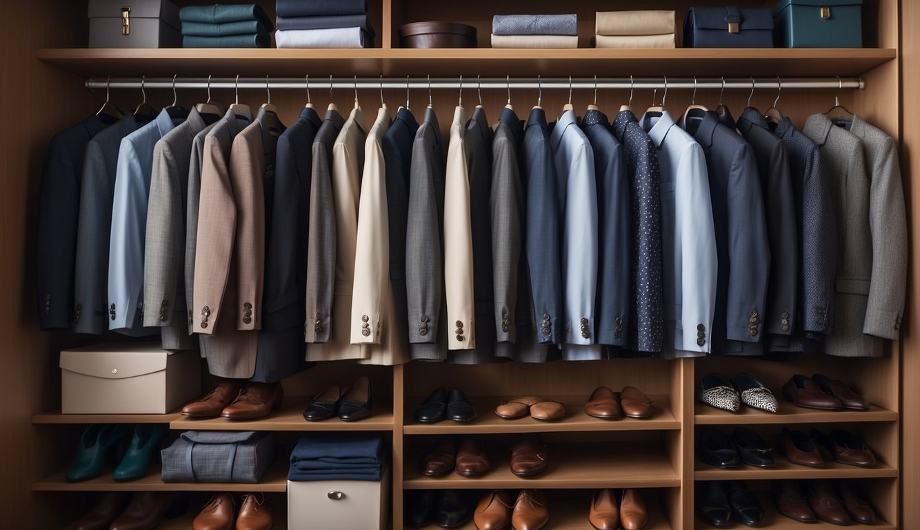 A closet filled with neatly organized business casual attire, including blazers, dress shirts, slacks, skirts, and professional shoes