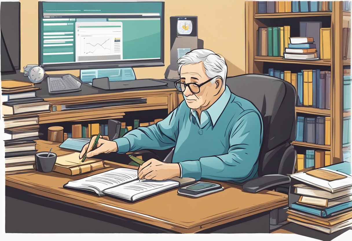 A senior sits at a computer, surrounded by books and tools. A Wealthy Affiliates logo is displayed on the screen, while the senior takes notes and watches tutorial videos