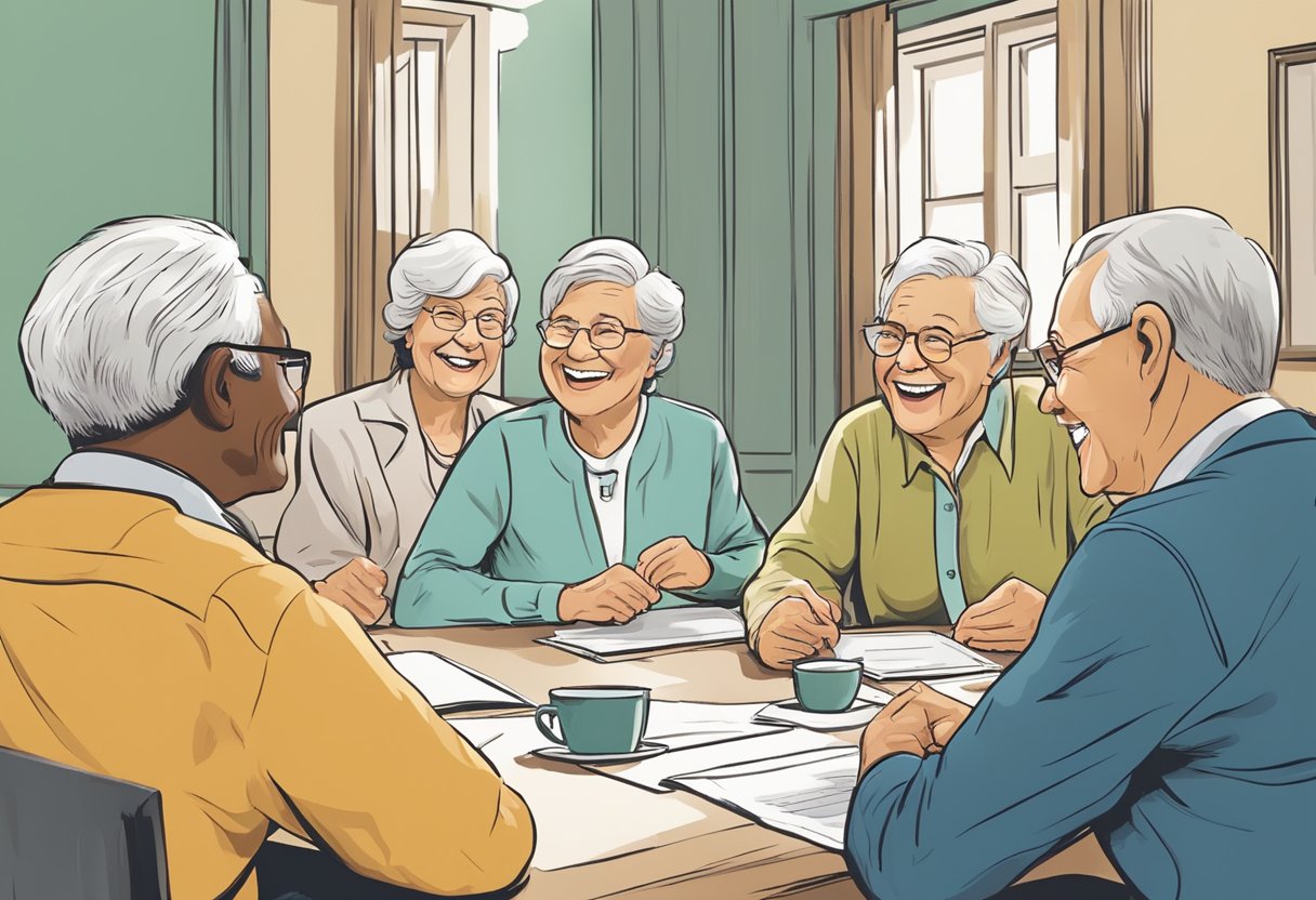 A group of seniors sit around a table, engaged in a lively discussion about the Wealthy Affiliates program. They are smiling and nodding in agreement, with a sense of excitement and hope for their future financial success