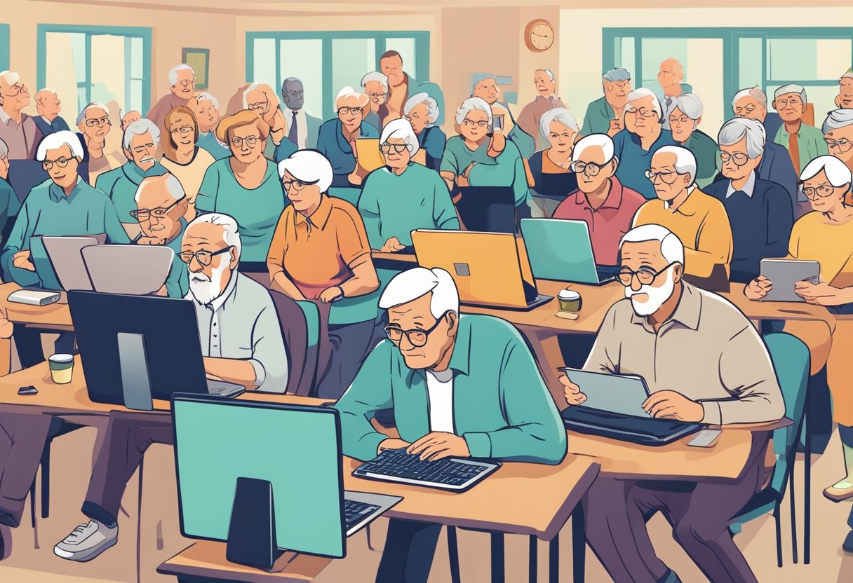 A group of seniors gather at a community center, surrounded by laptops and tablets. They appear confused and overwhelmed as they try to navigate the world of affiliate marketing