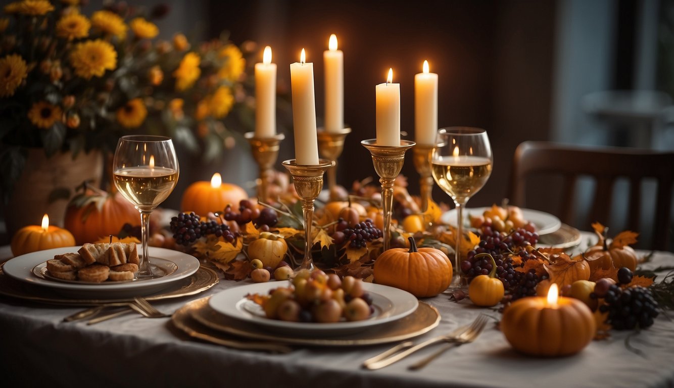 A table set with a bountiful feast, surrounded by autumn foliage and warm candlelight