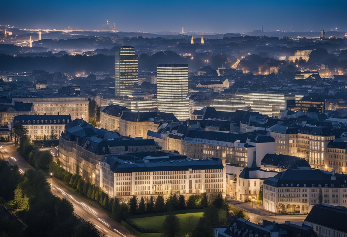 A bustling city skyline with modern office buildings, showcasing the evolution and innovation of the Luxembourg investment fund industry