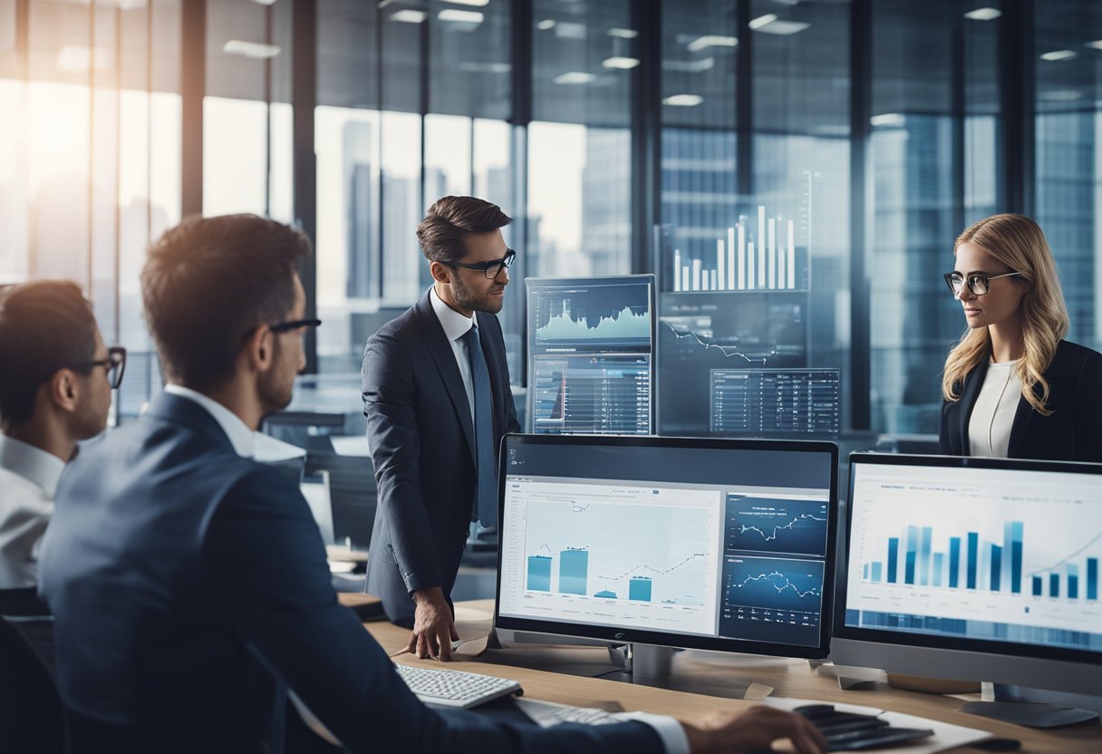 A group of financial professionals analyzing data and strategizing in a modern office setting, with charts and graphs displayed on screens