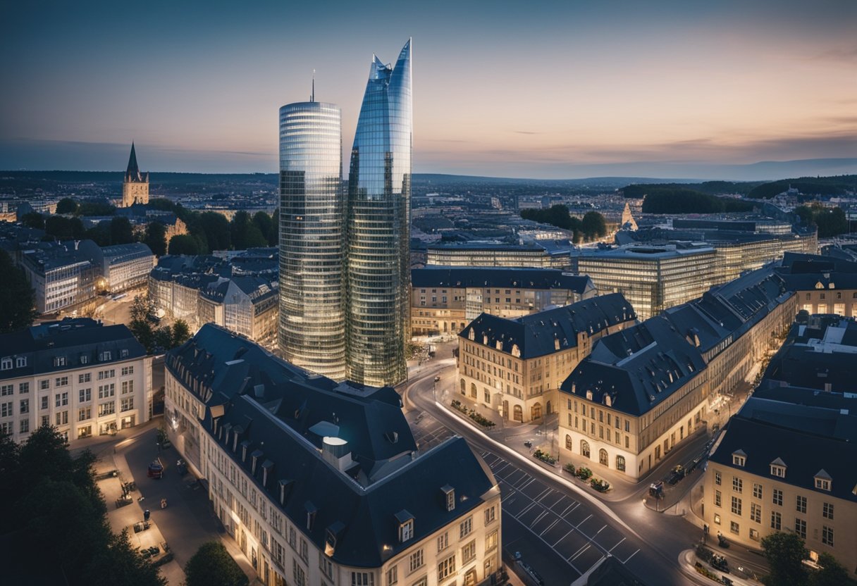 A bustling financial district in Luxembourg with modern office buildings and a network of professionals engaged in investment fund operations