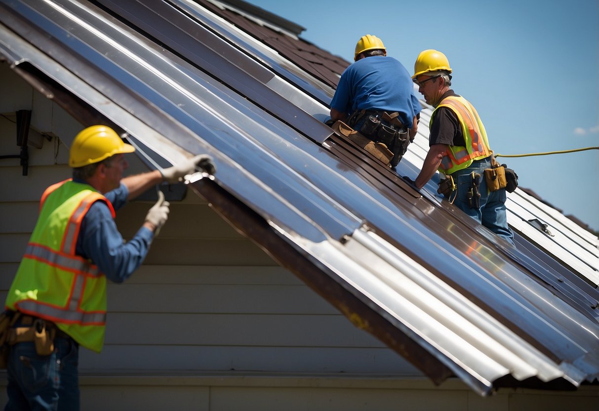 Workers install metal roofing on a house in Oklahoma City, OK