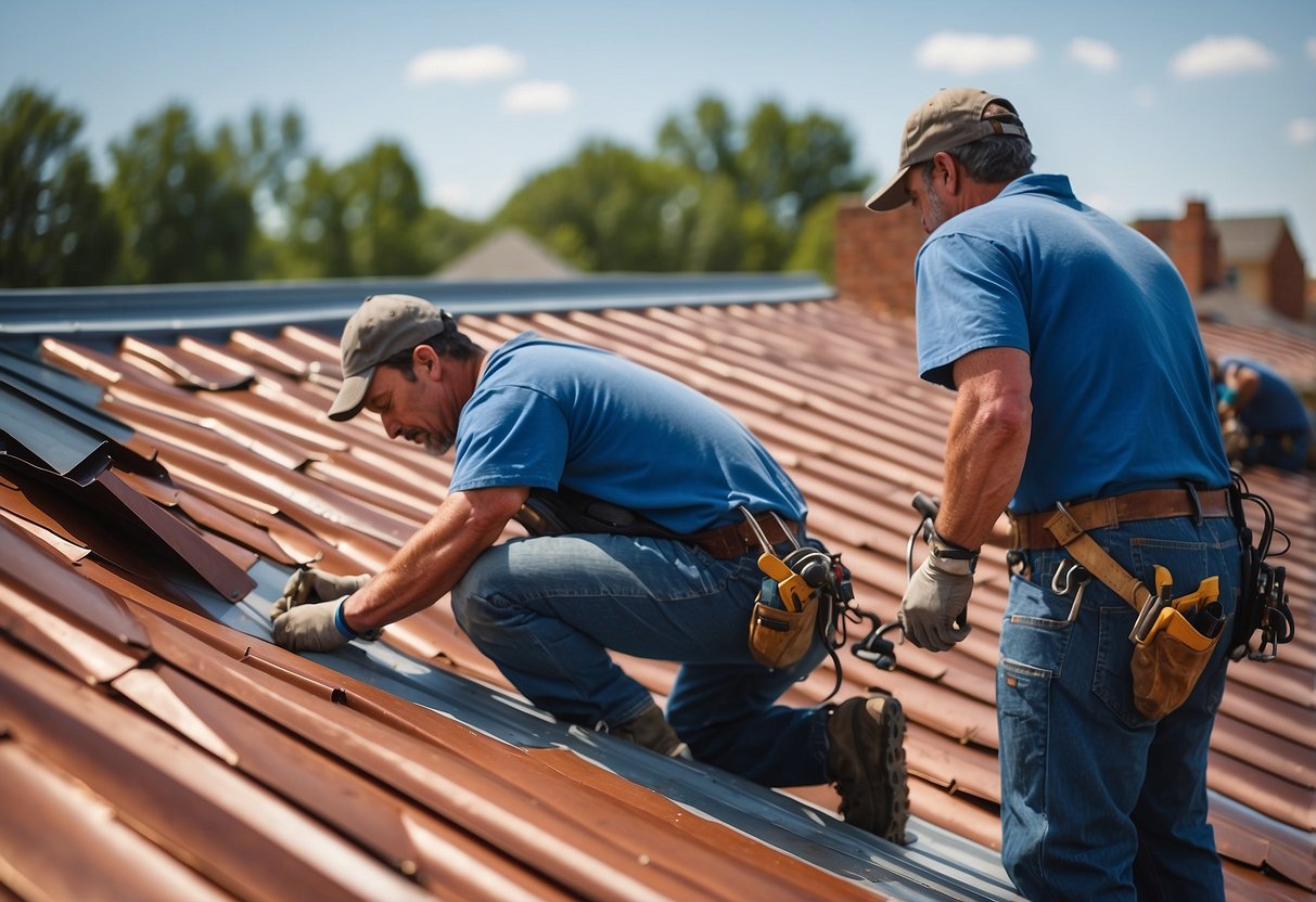 Metal roofing being installed on a house in Oklahoma City, workers securing panels, with clear blue skies in the background