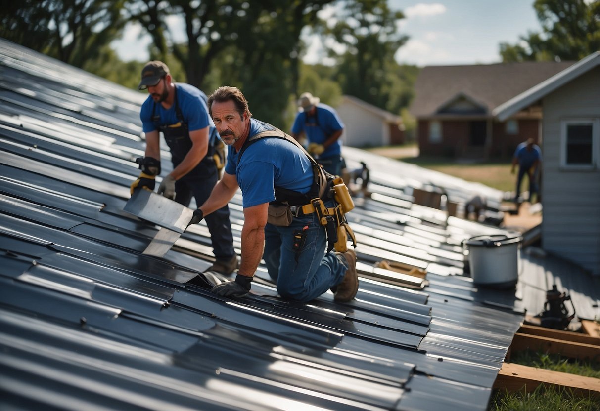 A crew of workers installing metal roofing panels on a house in Oklahoma City, with tools and equipment scattered around the site