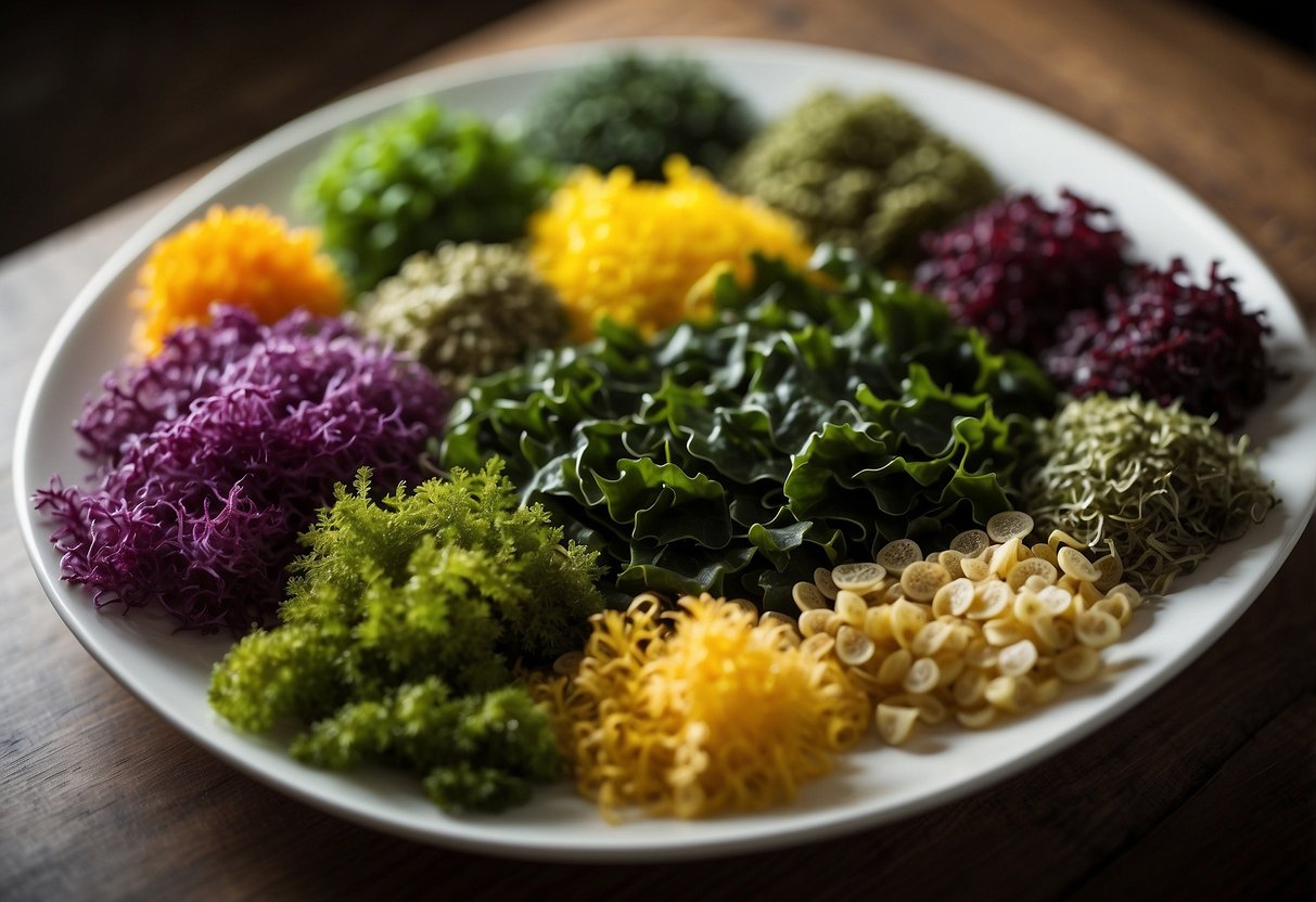 A colorful array of seaweed varieties arranged on a plate, showcasing their rich textures and vibrant hues. Each type is labeled with its respective health benefit, such as improved thyroid function and increased calcium intake