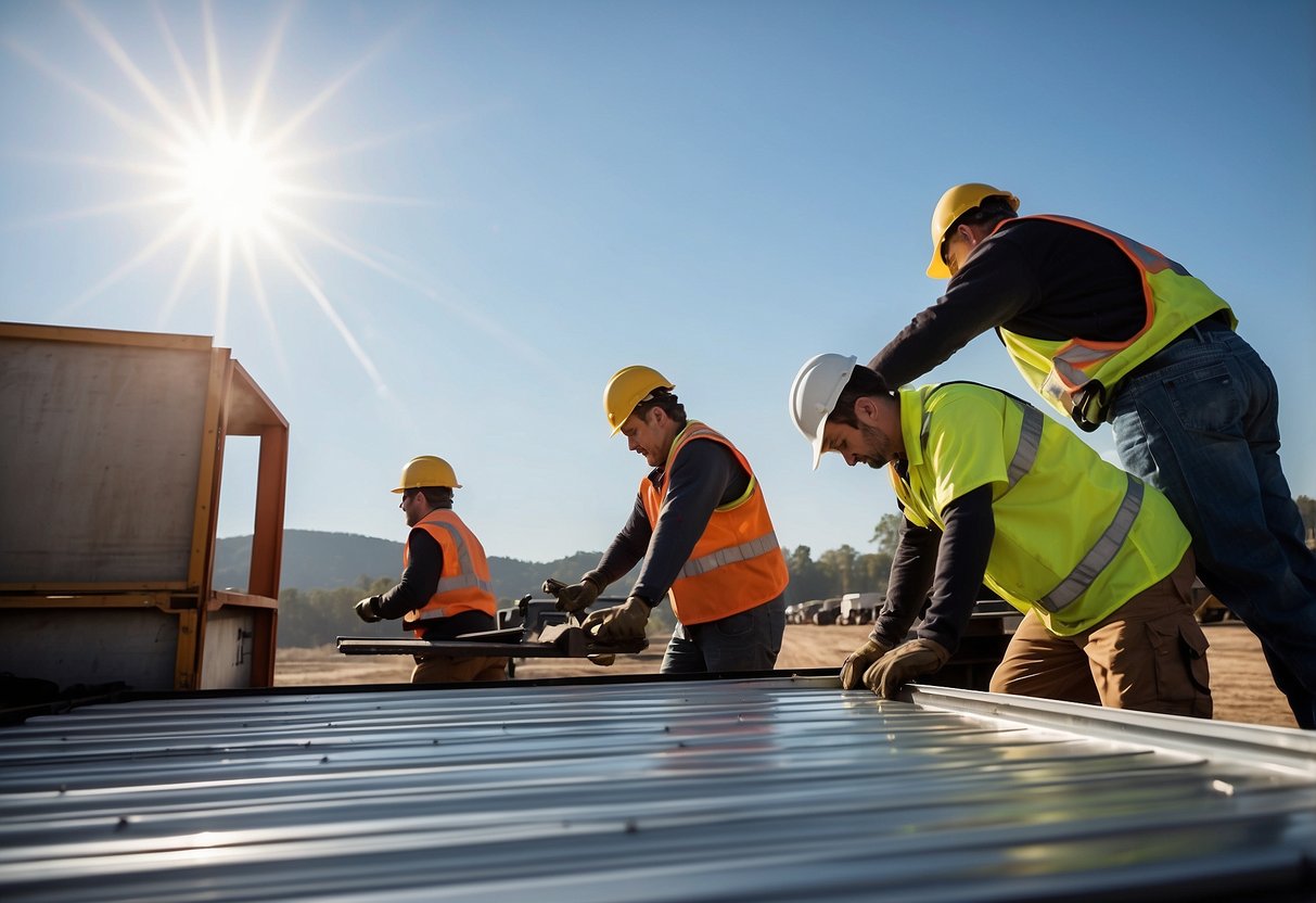 Metal roof panels being unloaded from a truck, workers preparing tools and materials, and a clear sky in the background