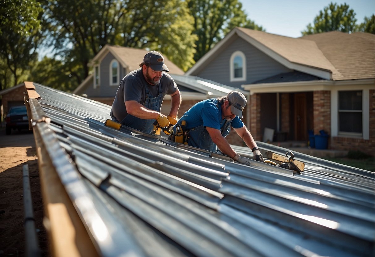 A crew installs metal roofing on a house in Oklahoma City, OK. Tools and materials are scattered around the work area