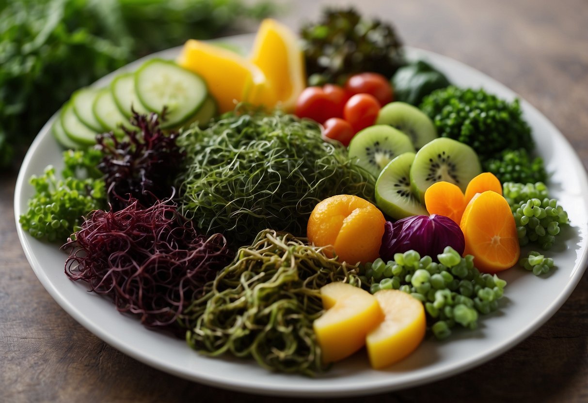 A colorful array of seaweed varieties arranged on a plate, with a heart symbol placed next to it. Various vegetables and fruits surround the plate, symbolizing the health benefits of eating seaweed for vegans