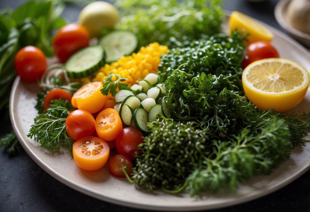 Seaweed surrounds a plate of colorful vegetables, symbolizing weight management and 9 health benefits for vegans