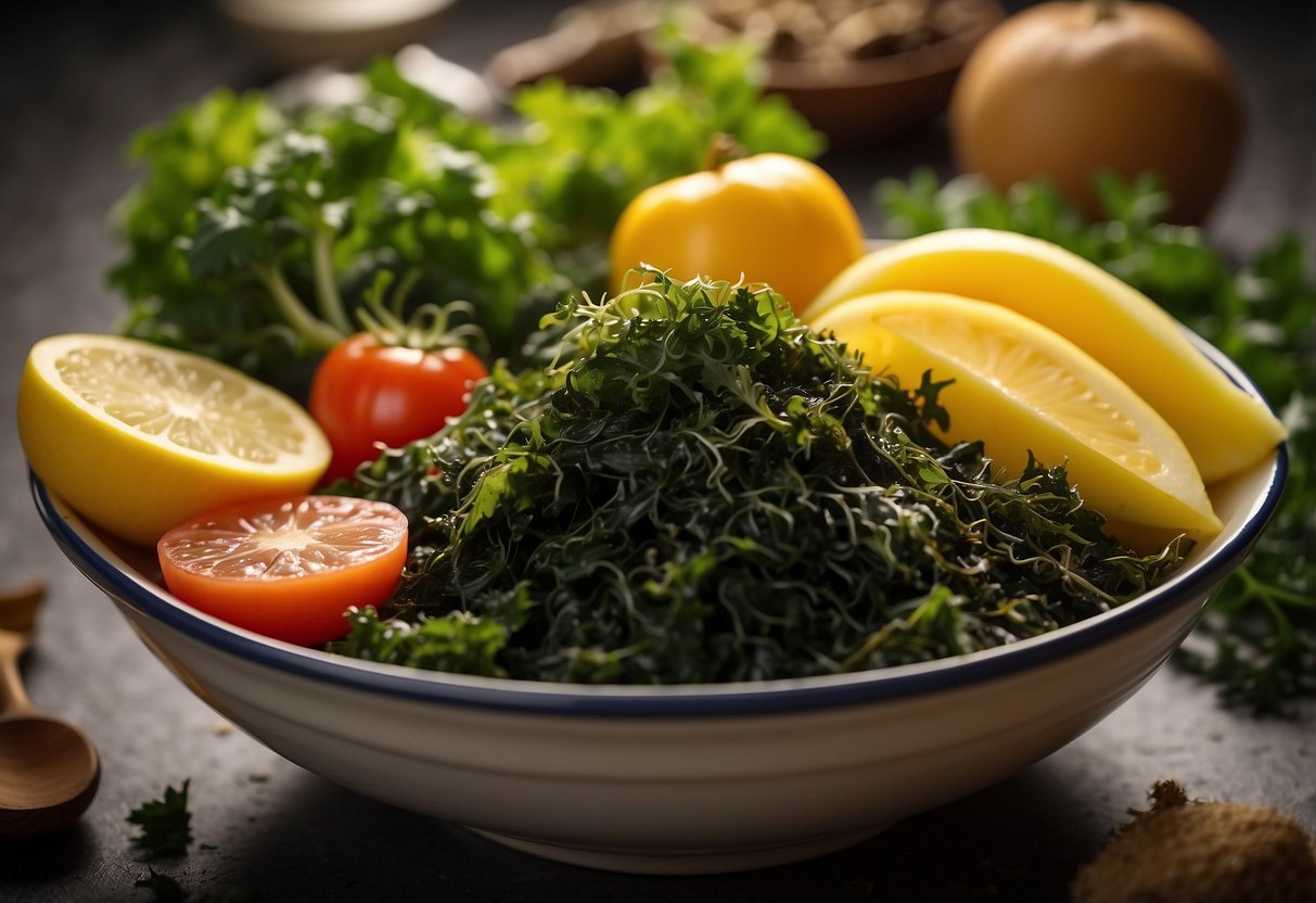 A bowl of assorted seaweed varieties, rich in color and texture, surrounded by fresh vegetables and fruits, with a glowing, radiant skin in the background