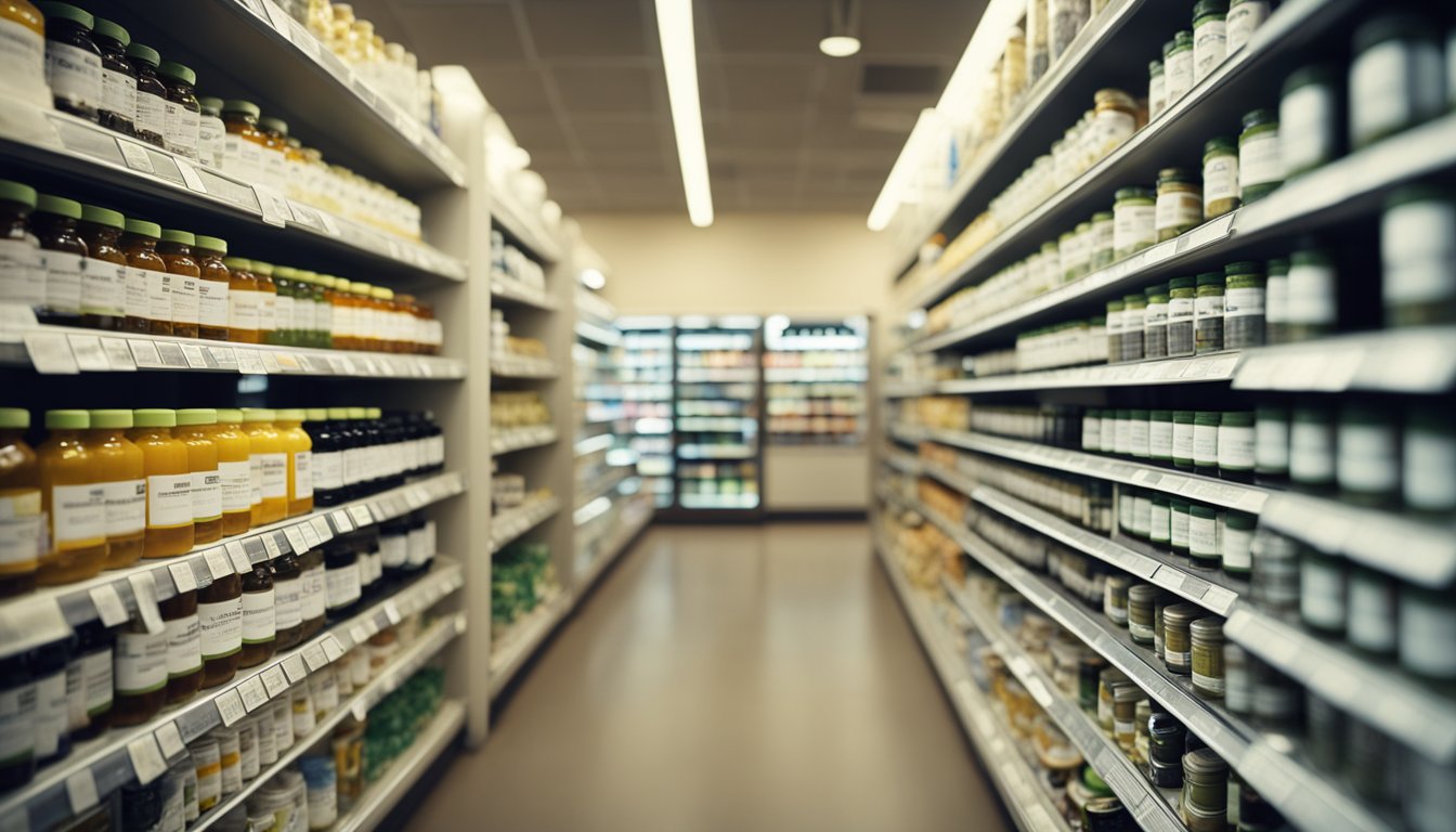 A variety of nutritional supplements displayed on a shelf, with labels indicating different dietary needs such as vitamins, minerals, and protein. A person reading a guide on how to choose the right supplement