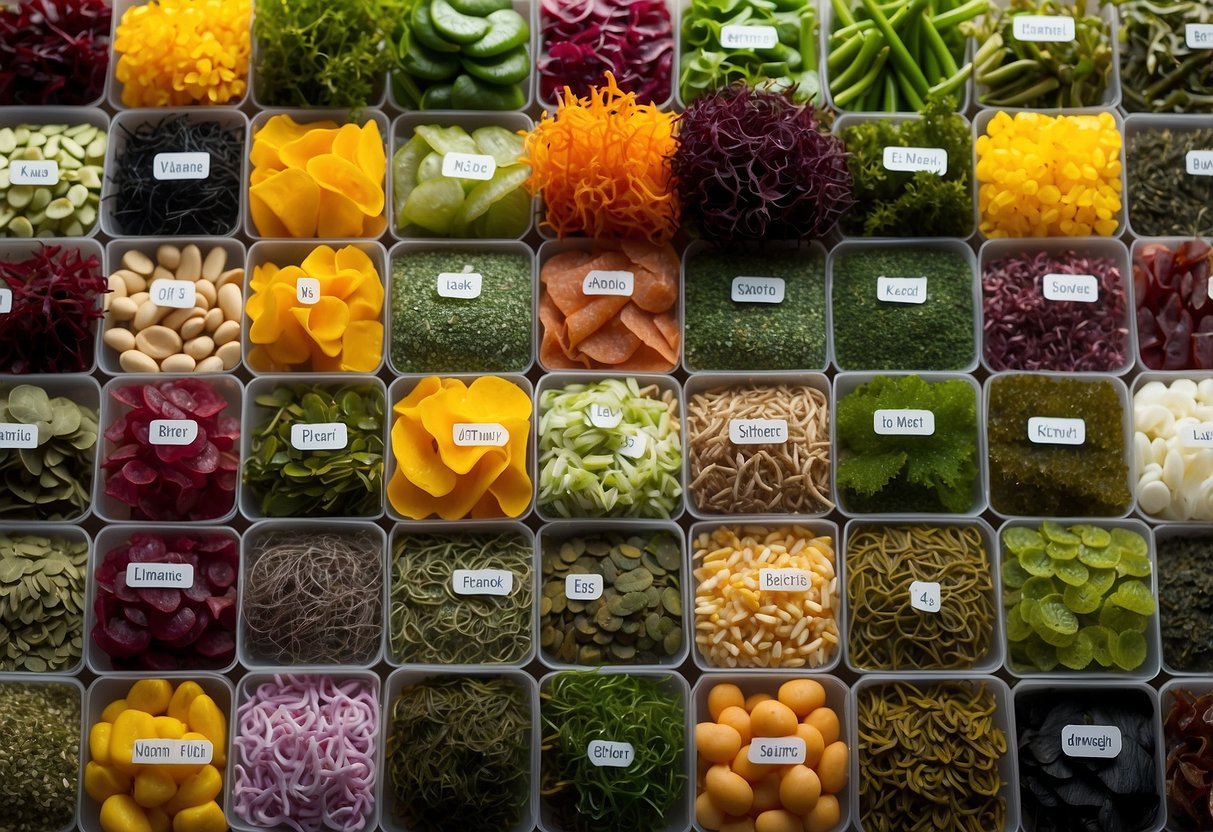 A colorful array of seaweed varieties, including nori, kelp, and dulse, displayed with labels highlighting their benefits for plant-based vegan diets