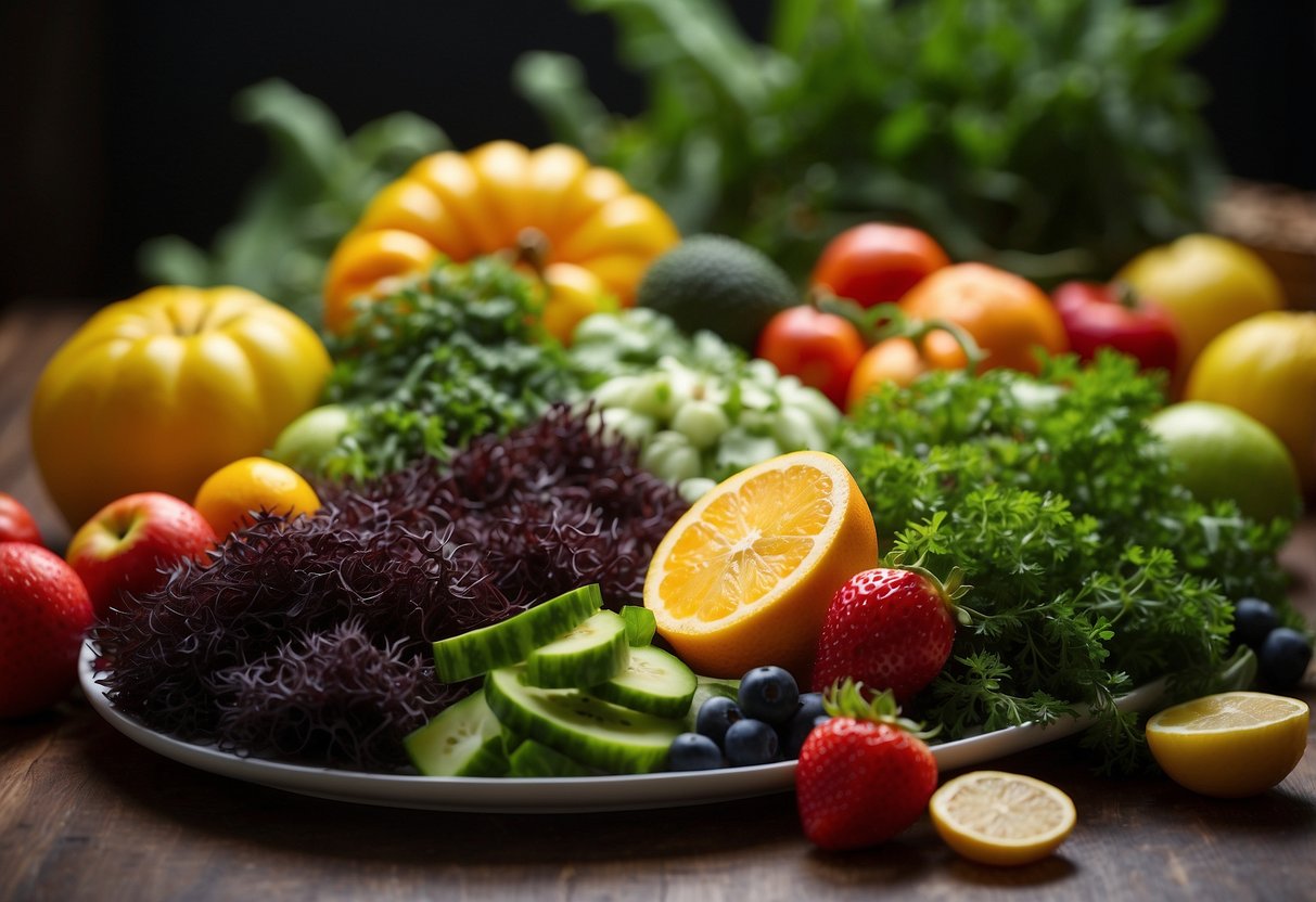 A colorful array of nutrient-rich seaweed varieties arranged on a plate, surrounded by vibrant fruits and vegetables, emitting a healthy glow