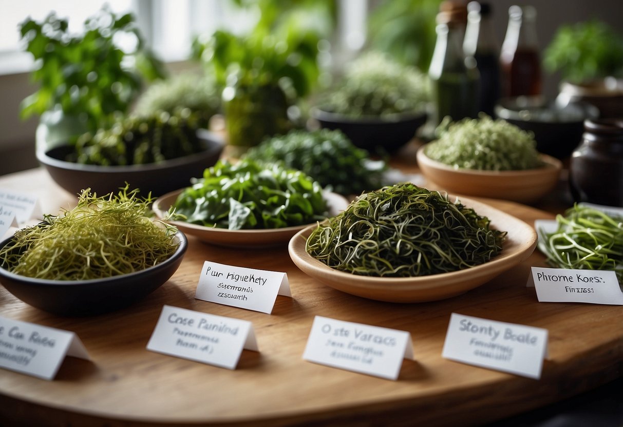 A variety of seaweed types arranged on a table, with labels highlighting their culinary uses and benefits for plant-based vegan diets