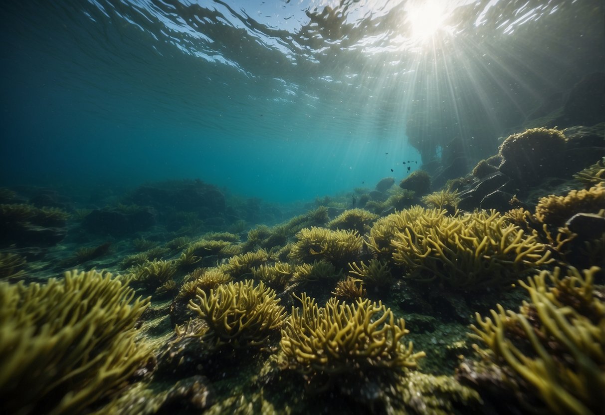 A lush ocean floor with diverse seaweed species. Seaweed being harvested and processed for plant-based vegan diets. Benefits of seaweed highlighted