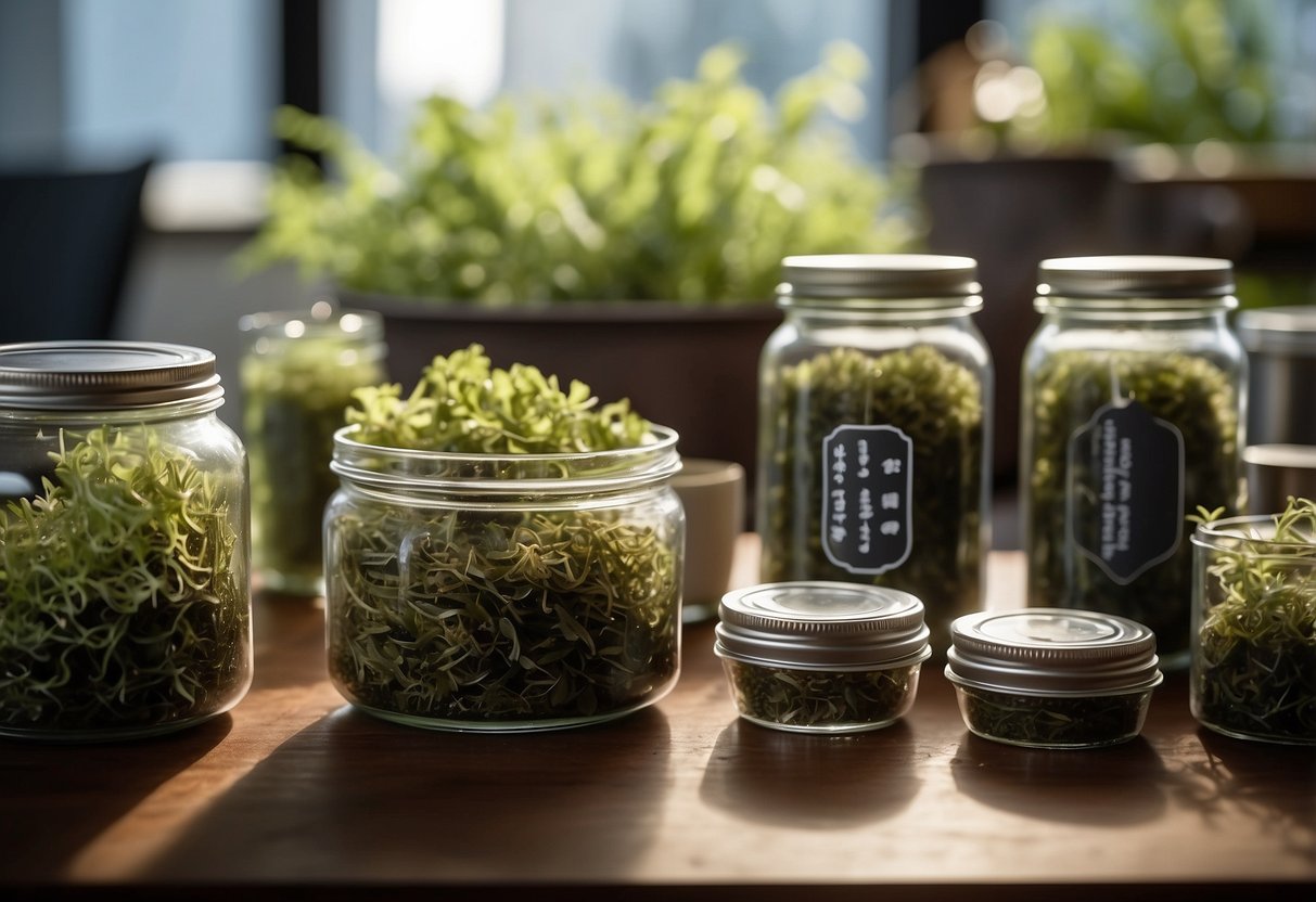 Various types of seaweed arranged on a table, with labels indicating their benefits. A storage container with a tight lid nearby