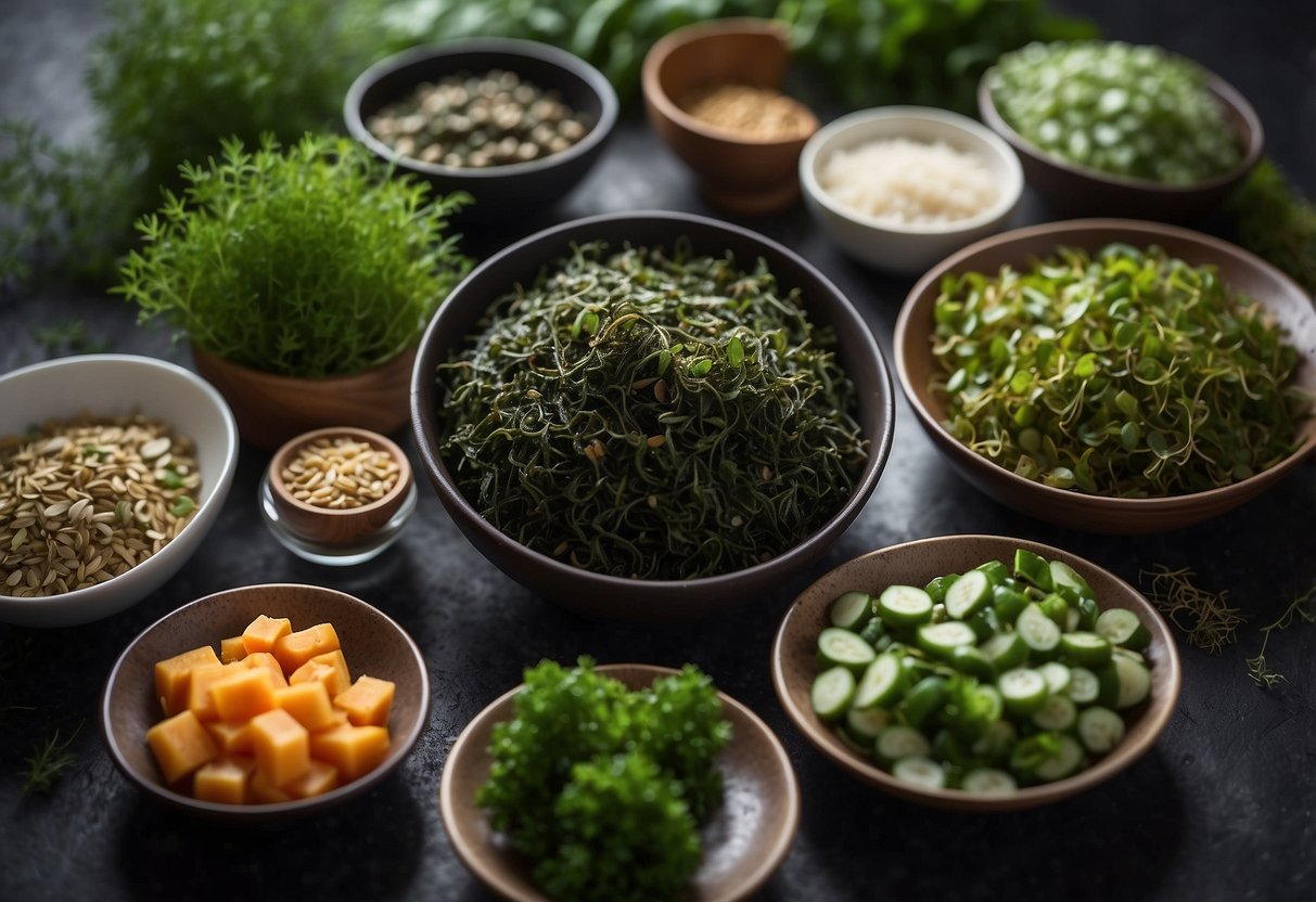 A variety of seaweed types surrounded by plant-based foods, emphasizing their benefits for vegan diets