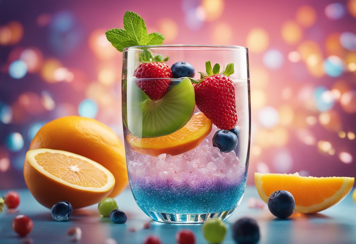 A glass filled with a clear liquid and a sprinkle of salt, surrounded by colorful fruits and vegetables