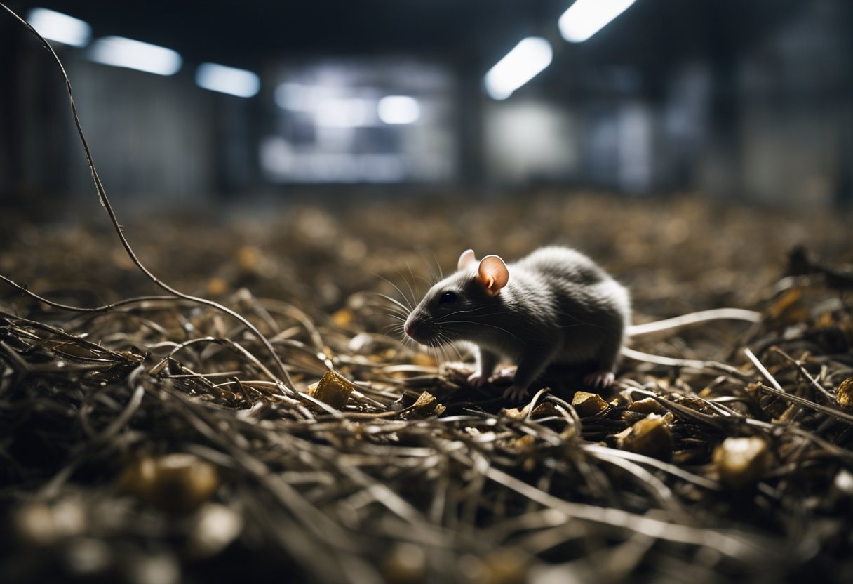 The recognition of rat activity. Traces of rats - gnawed wires, droppings, and chewed food packaging in a dark, cluttered basement