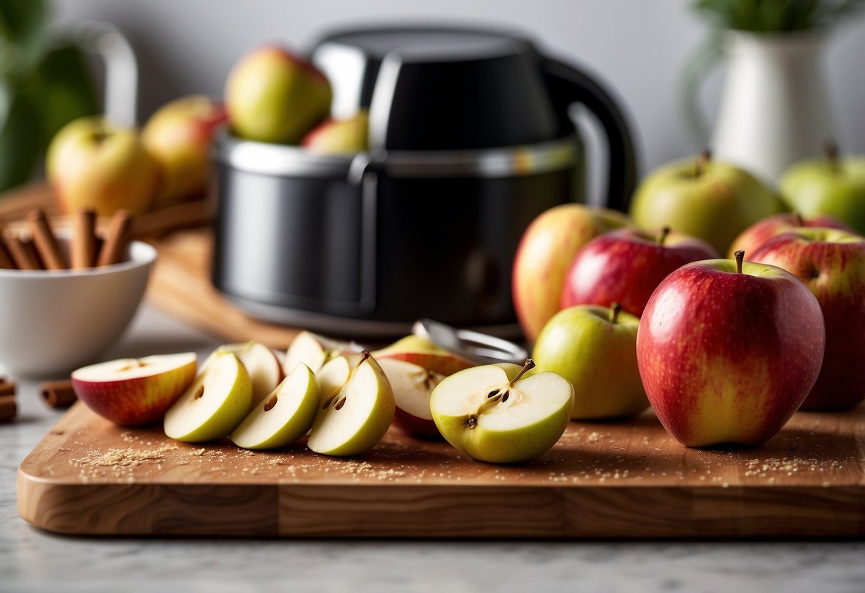 Fresh apples arranged in a row on a cutting board, surrounded by cinnamon, sugar, and a small bowl of melted butter. An air fryer is visible in the background