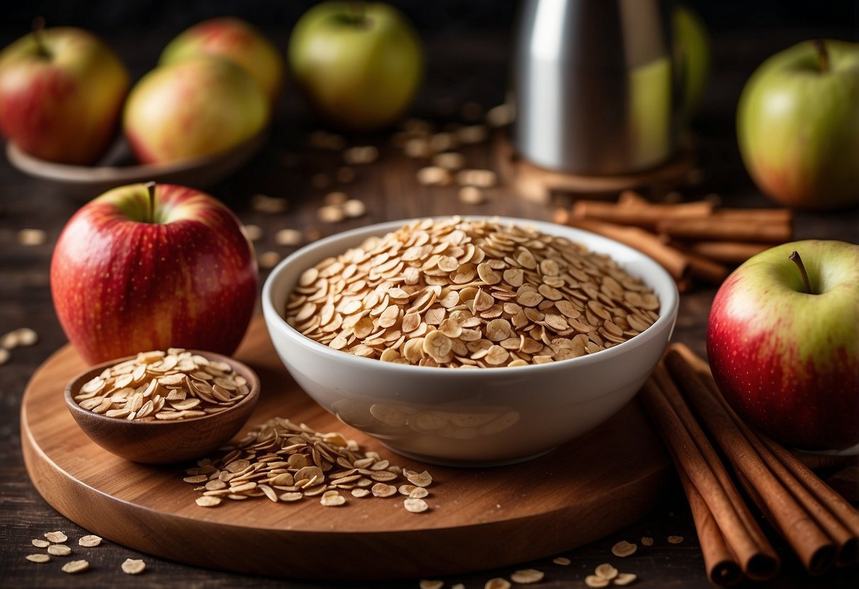 Fresh apples arranged on a wooden cutting board with a bowl of cinnamon, sugar, and oats in the background. An air fryer is positioned nearby, ready to bake the apples