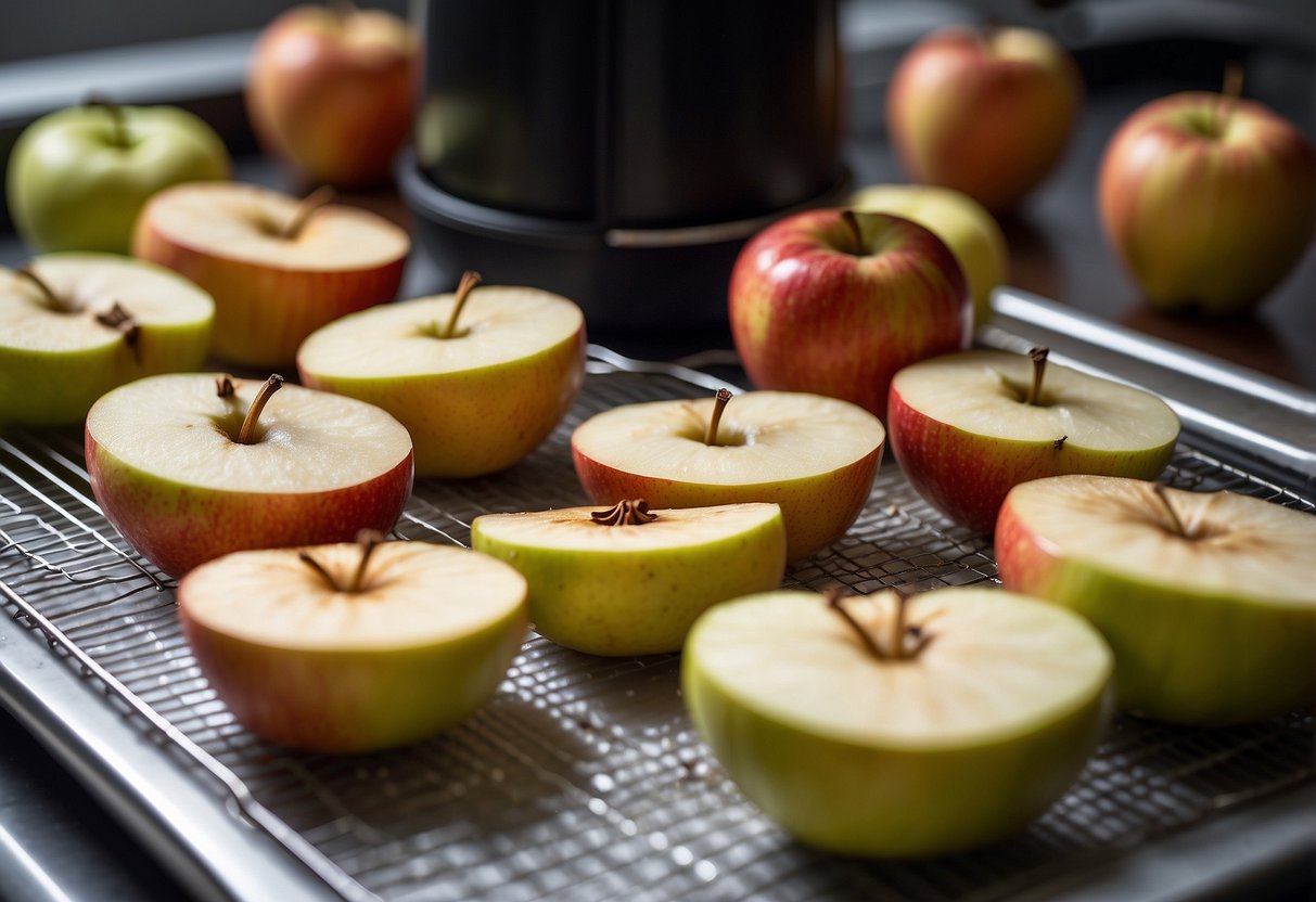 Sliced apples arranged on a baking sheet, sprinkled with cinnamon, and placed in an air fryer. The air fryer is set to a specific temperature and time