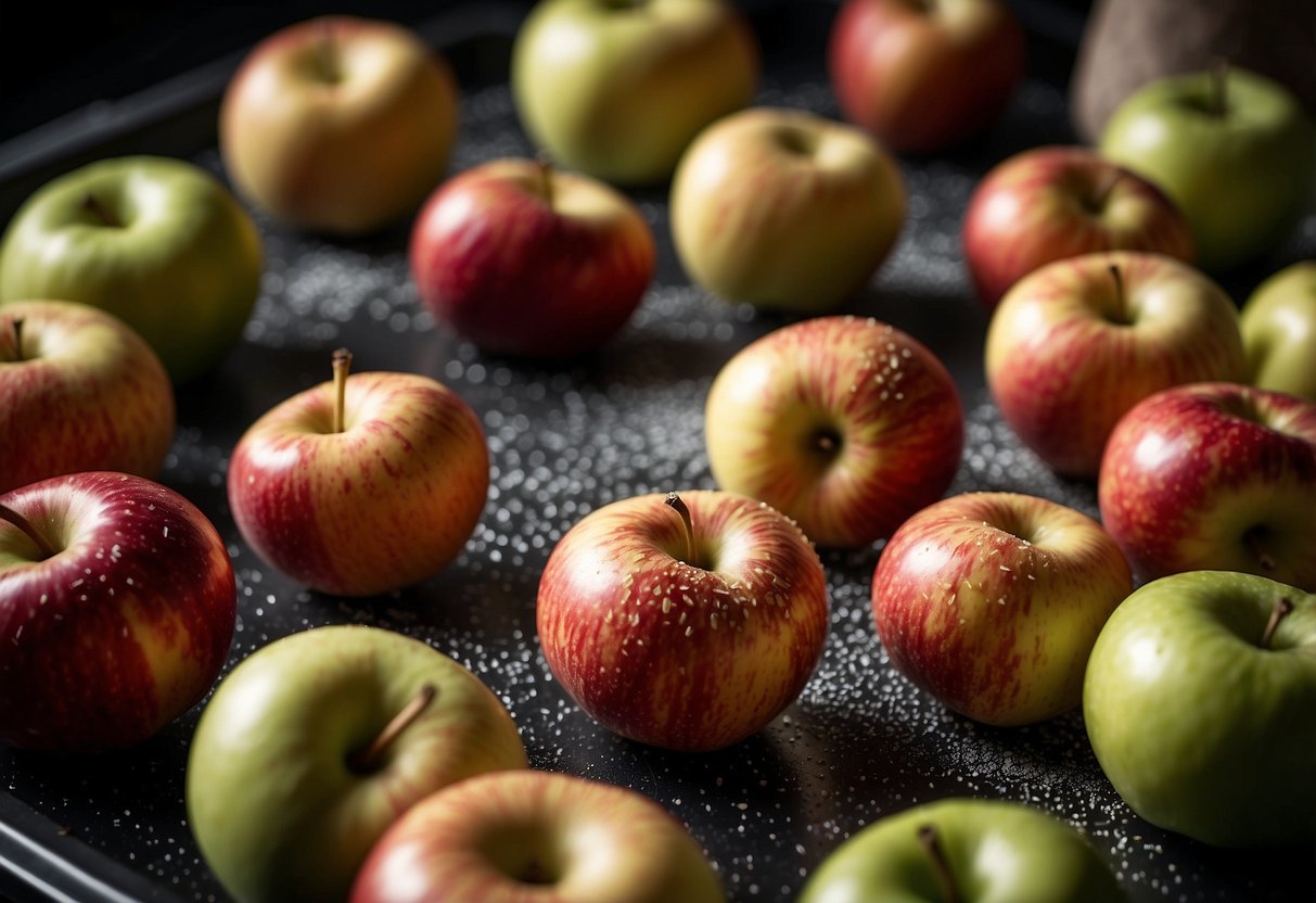 Fresh apples arranged in a circular pattern on a baking sheet, sprinkled with cinnamon and sugar, then placed in an air fryer