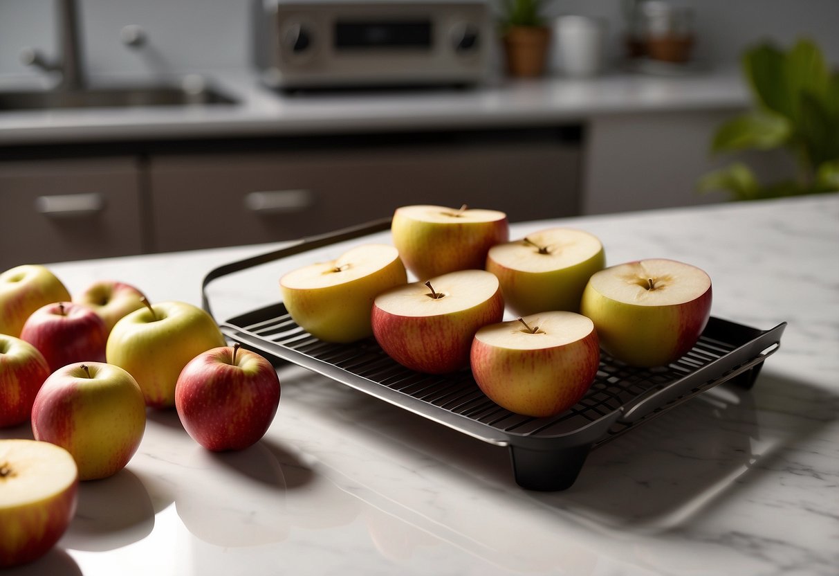 Sliced apples arranged on air fryer tray, with cinnamon sprinkled on top. Air fryer set to 350°F for 10 minutes. Chips golden brown and crispy