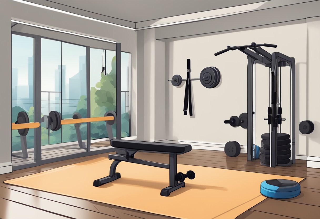 A weight bench with dumbbells, resistance bands, and a workout mat in a well-lit room. An open guidebook with beginner strength training exercises on the floor