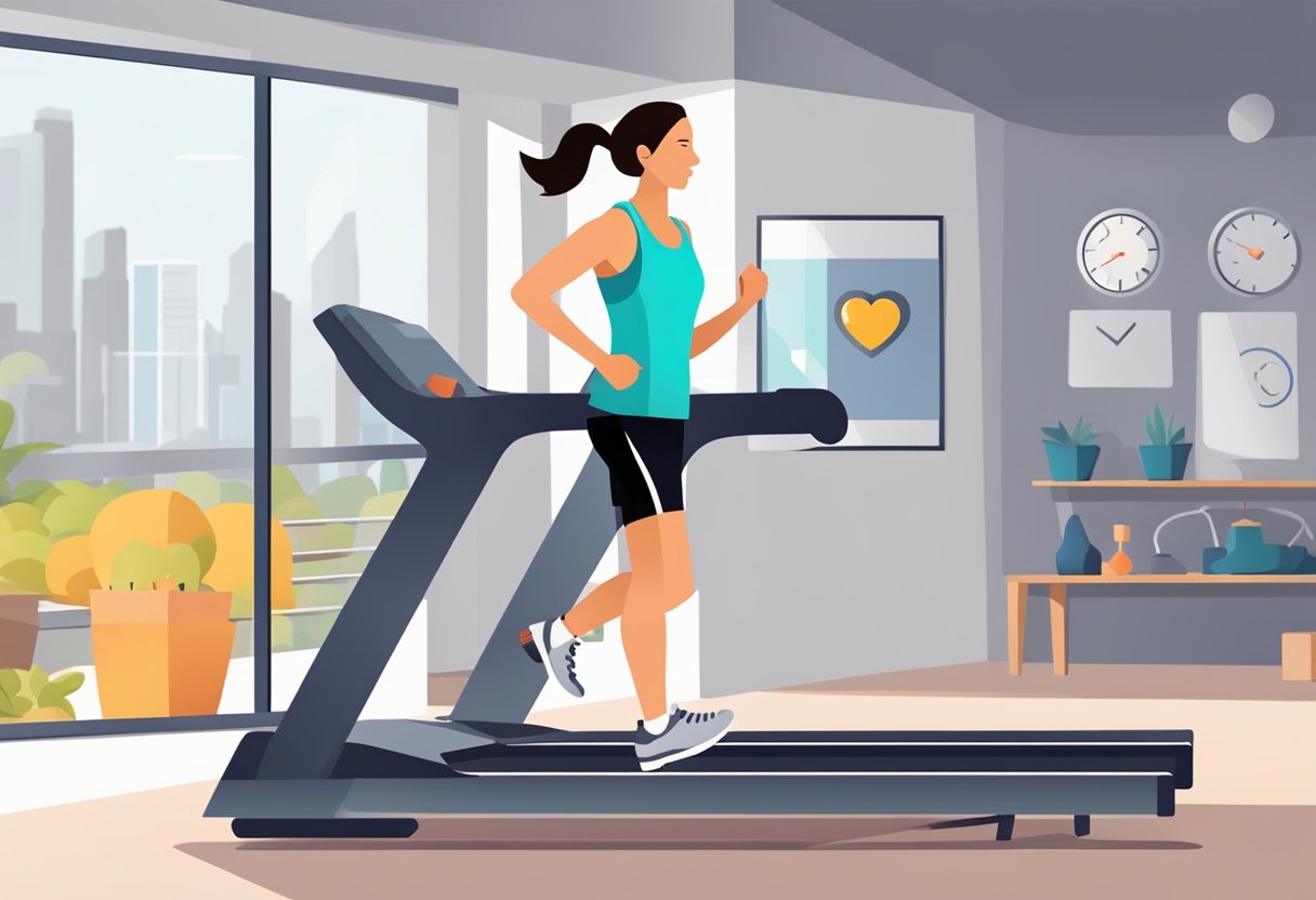 A person's fitness tracker displays heart rate and distance while running on a treadmill. A stopwatch sits nearby