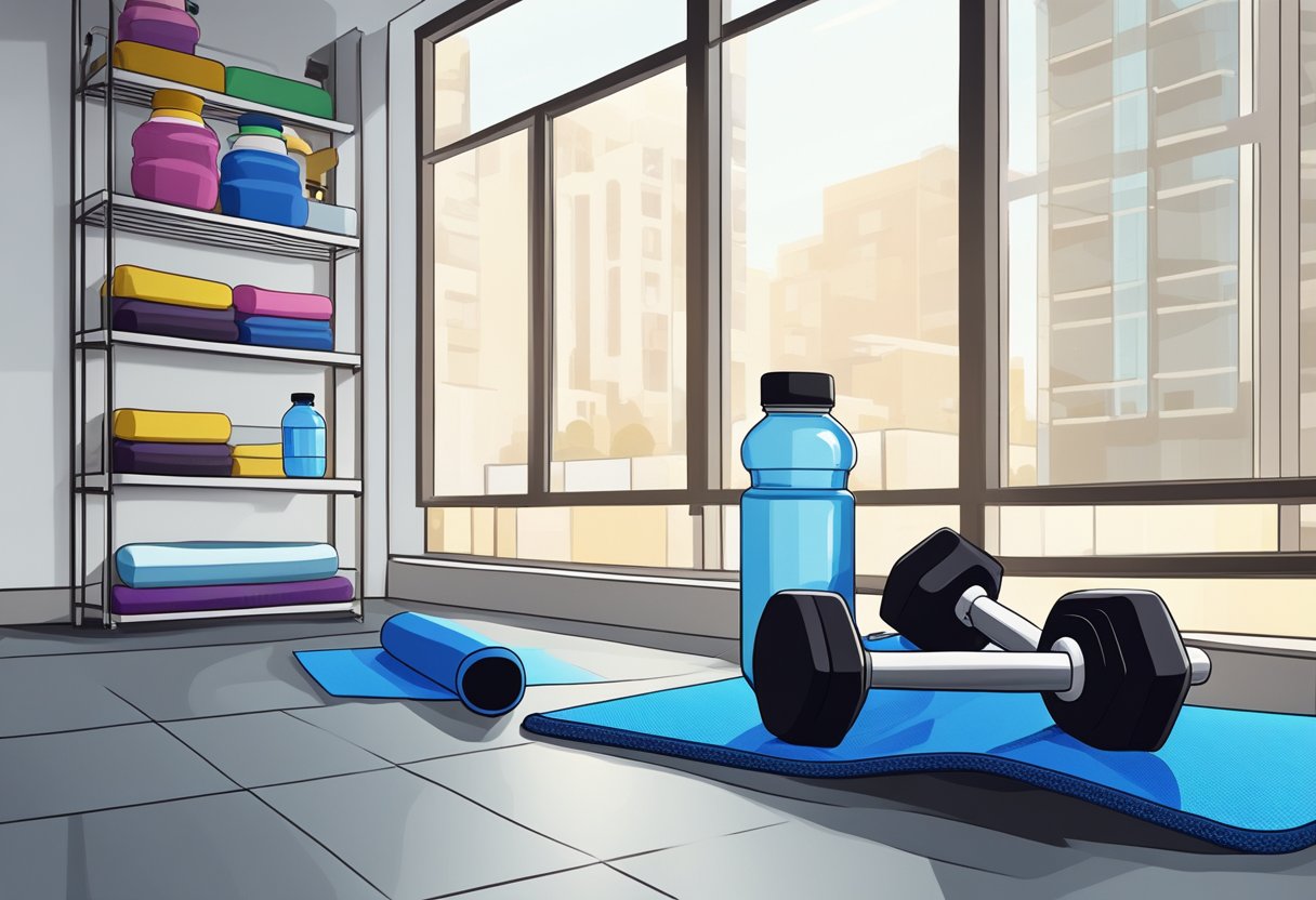 A pair of dumbbells sit on a rubber mat, surrounded by a water bottle and towel. The room is well-lit with a motivational poster on the wall