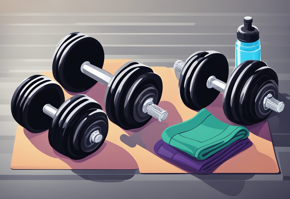 A set of dumbbells arranged neatly on a rubber mat, with a towel and water bottle nearby. A fitness poster on the wall displays various dumbbell exercises