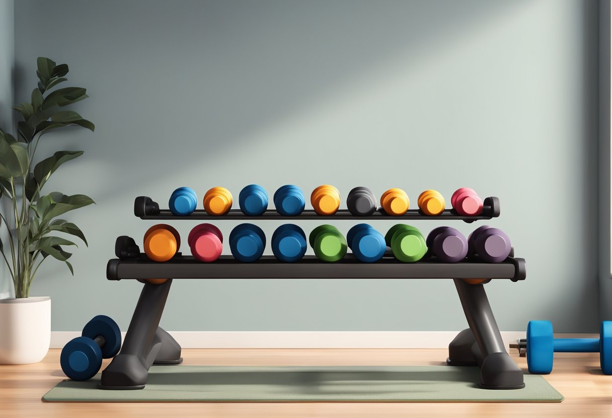 A variety of dumbbells neatly organized on a rack, with a workout bench and exercise mat nearby. The scene is well-lit and inviting, with space for movement and proper form