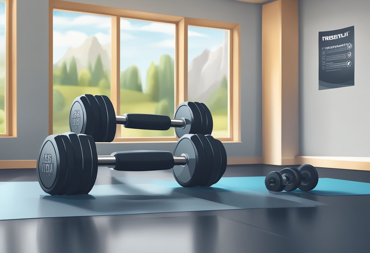 A set of dumbbells placed on a rubberized gym floor, with a poster in the background showing proper lifting techniques