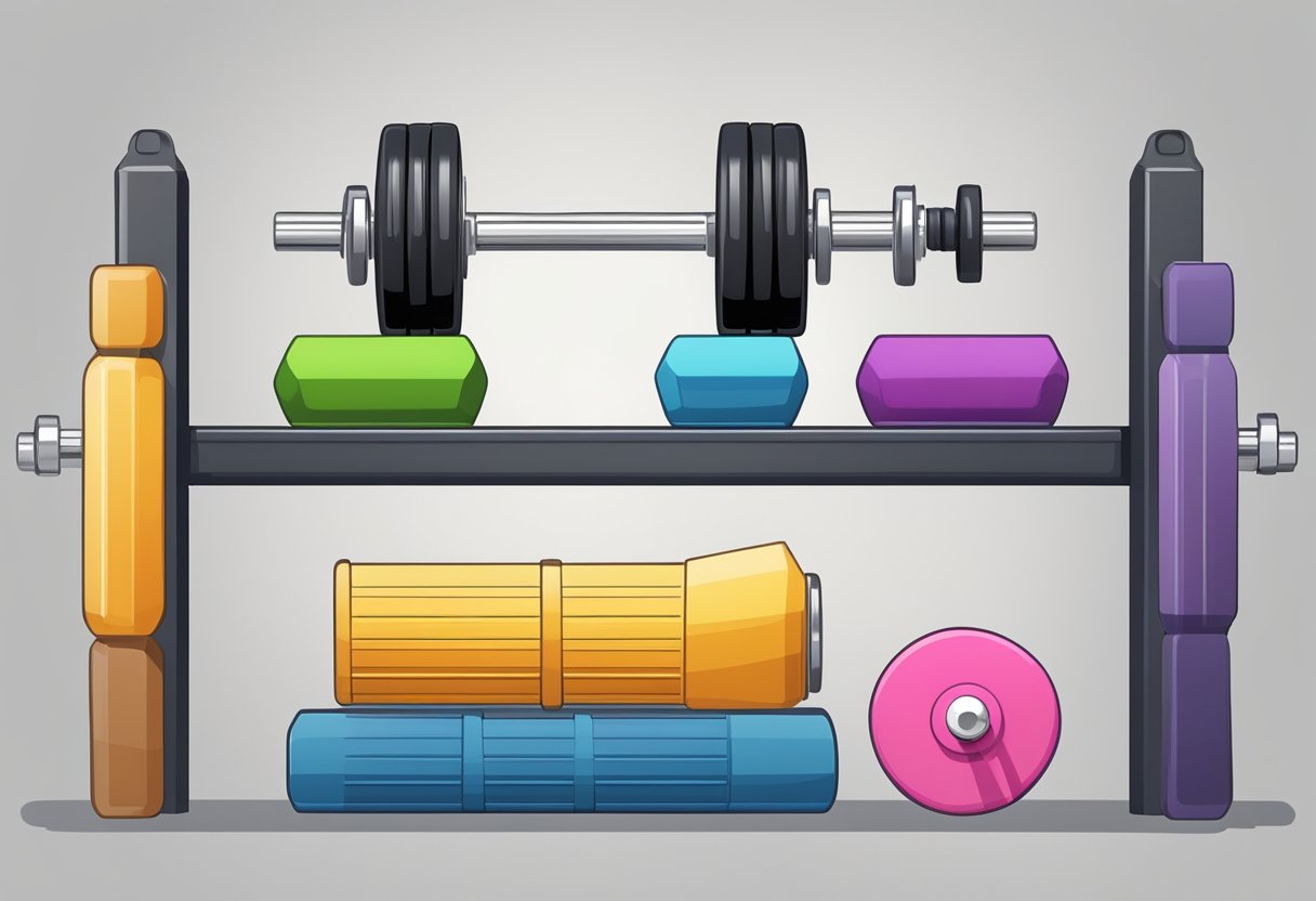 A set of dumbbells of different weights arranged neatly on a rack, with a notebook and pen placed next to them for tracking progress and setting goals