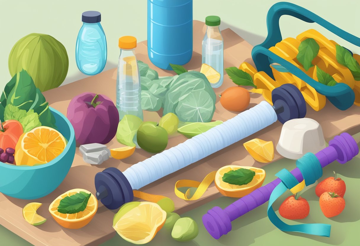 A table with various nutritious foods and a water bottle next to a set of dumbbells. A foam roller and resistance bands are also present for recovery