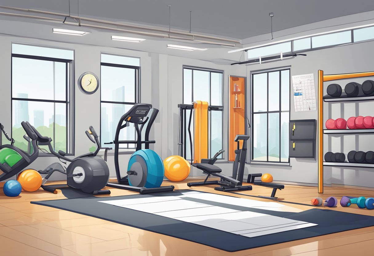 A gym with a variety of equipment including cardio machines, free weights, and resistance bands. A whiteboard with a workout schedule and a water bottle on the floor