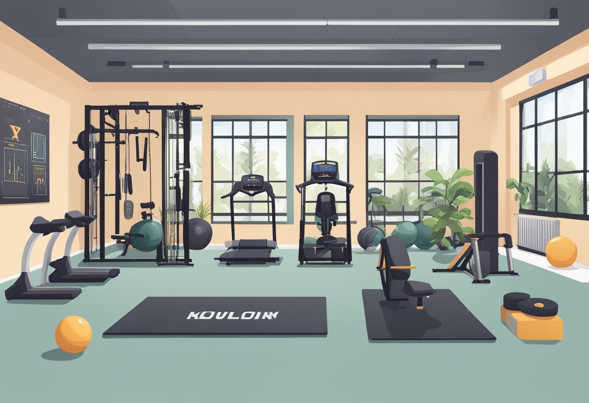 A gym with various workout stations, including cardio machines, weightlifting equipment, and yoga mats, with a motivational poster on the wall