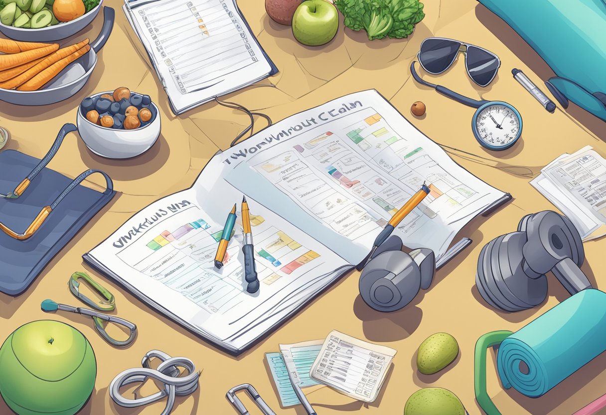 A person writing out a workout plan on a piece of paper, surrounded by a variety of exercise equipment and healthy food options