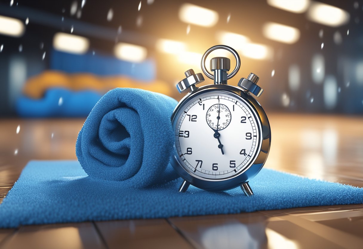 A stopwatch on a gym floor with sweat droplets, a water bottle, and a towel. Bright lights and intense energy