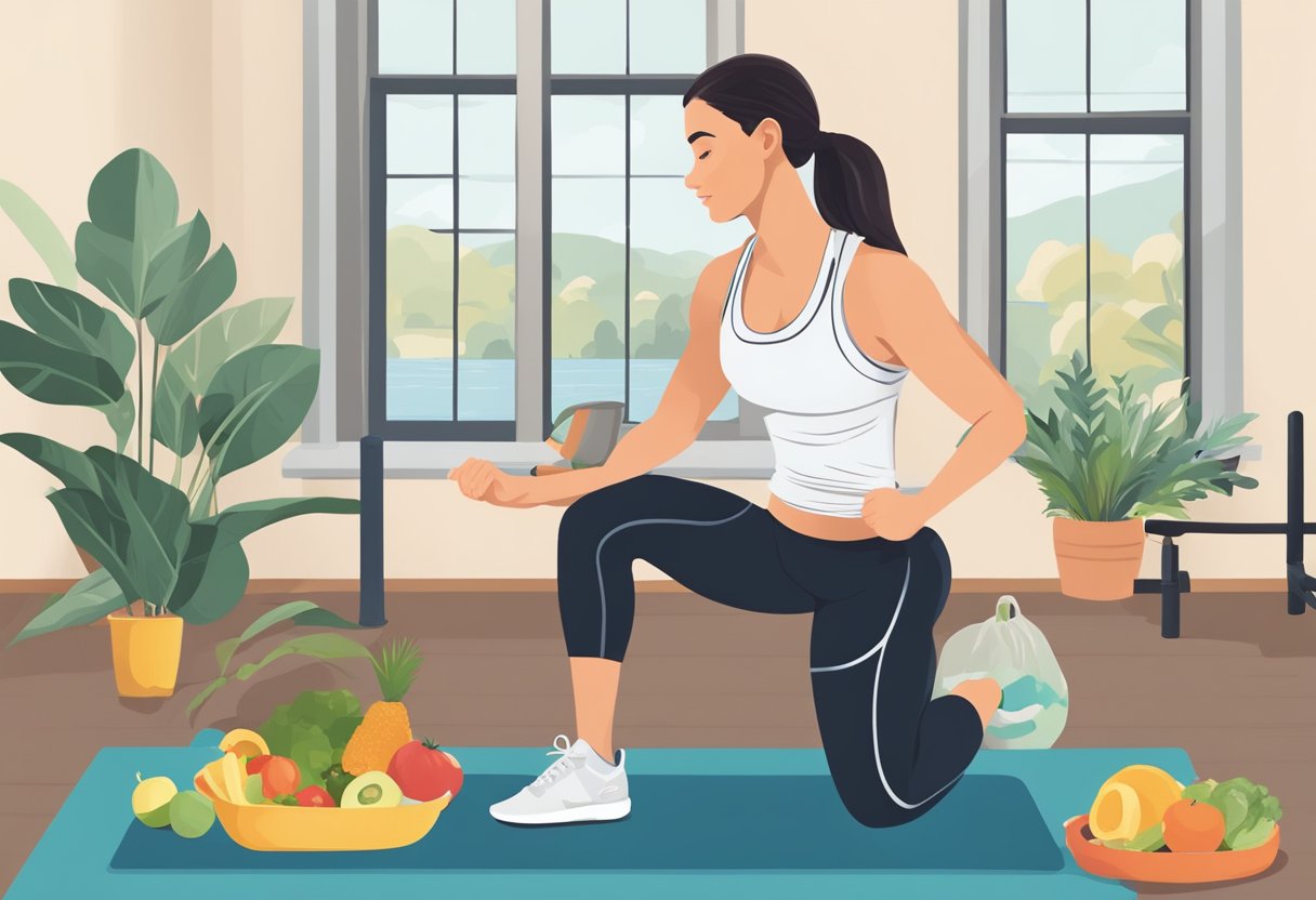 A person follows a HIIT workout guide while incorporating healthy eating habits into their daily routine. The scene includes a person exercising, preparing nutritious meals, and following a fitness plan