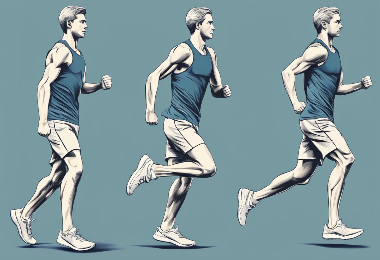 A runner in motion, with upright posture and relaxed arms. Feet land softly with each step, knees slightly bent. Eyes forward, breathing steady