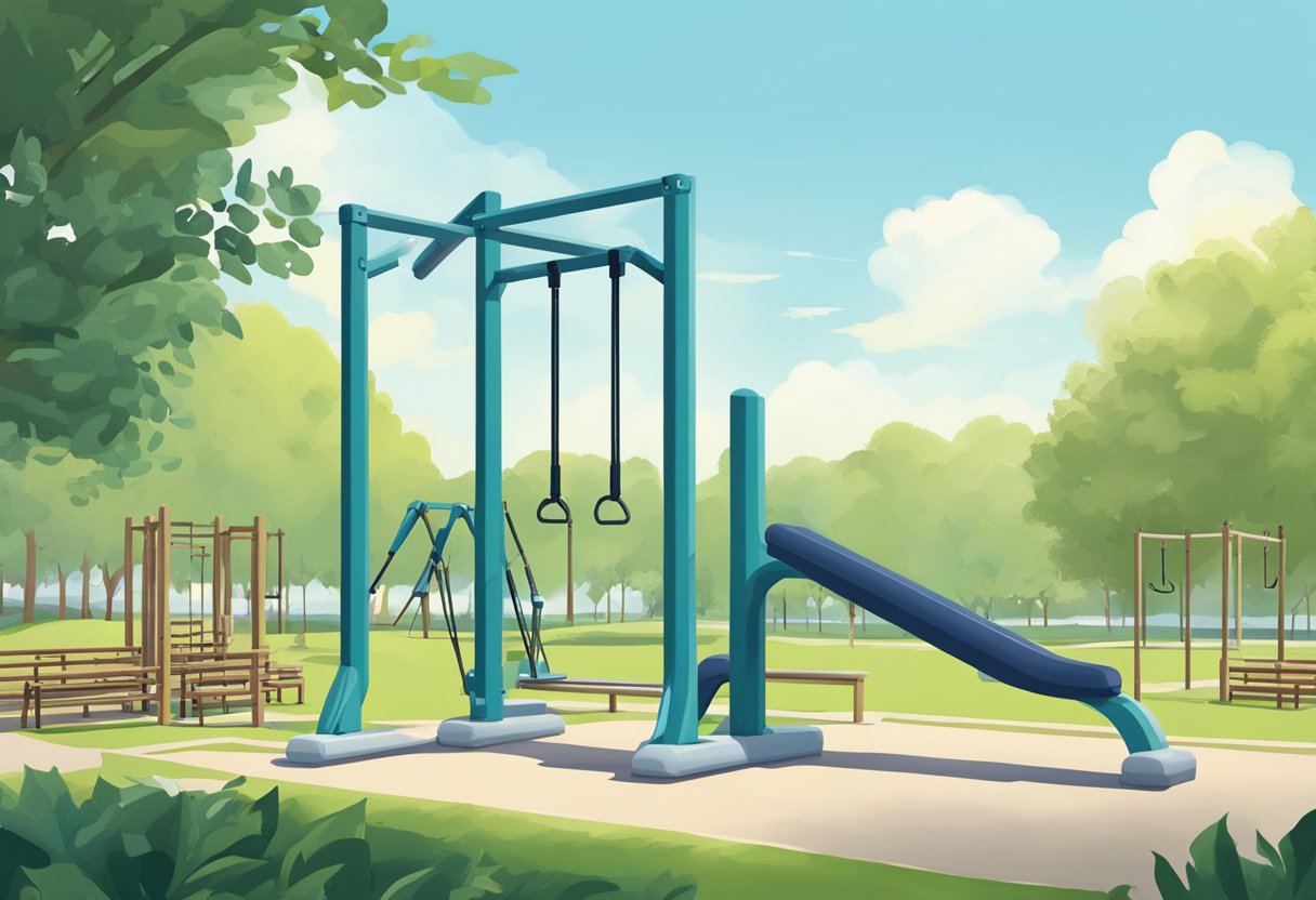 A park setting with a variety of outdoor fitness equipment including pull-up bars, parallel bars, and balance beams. Surrounding greenery and clear blue skies provide a peaceful and inviting atmosphere for bodyweight exercises