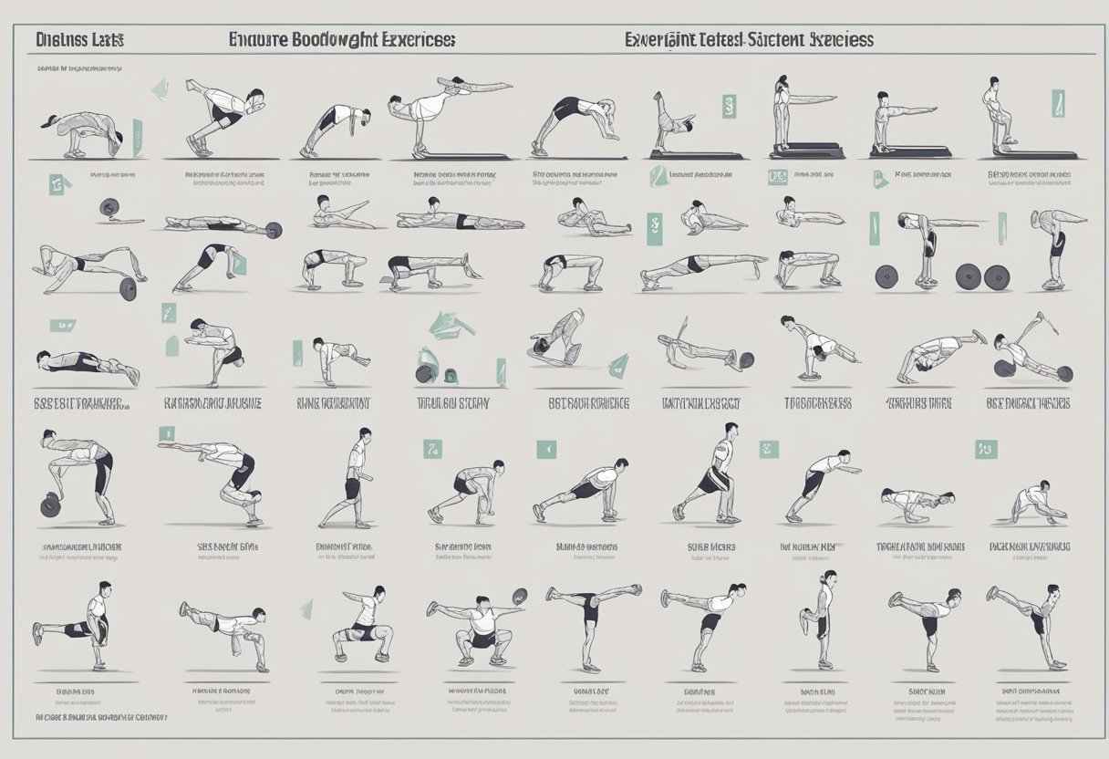 A diverse set of bodyweight exercises arranged in a structured program guide, with clear instructions and illustrations for each exercise