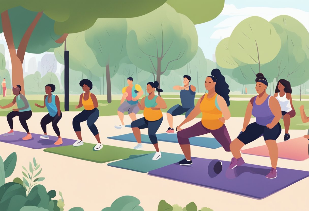 A diverse group of people of different ages, genders, and ethnicities are engaging in challenging bodyweight exercises in a park, showcasing inclusivity and strength